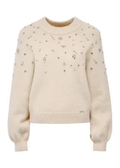 Beżowy sweter damski z kryształowymi ozdobami