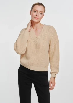 Beżowy sweter dekolt V damski