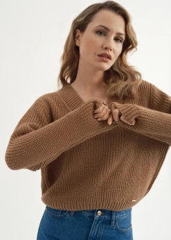 Camelowy sweter dekolt V damski