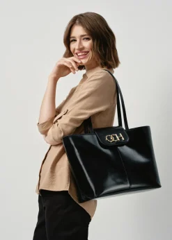 Czarna skórzana torebka shopper
