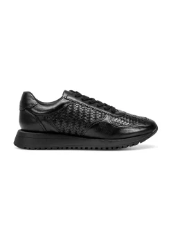 Czarne skórzane buty sportowe z plecionką