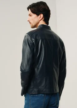Granatowa skórzana kurtka męska ze stójką