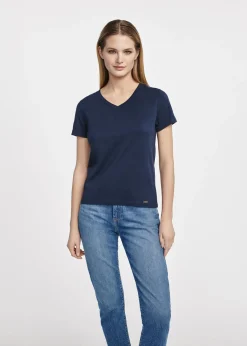 Granatowy t-shirt damski w serek