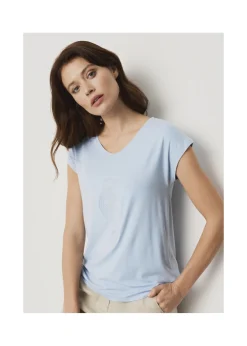 Jasnoniebieski T-shirt damski z aplikacją