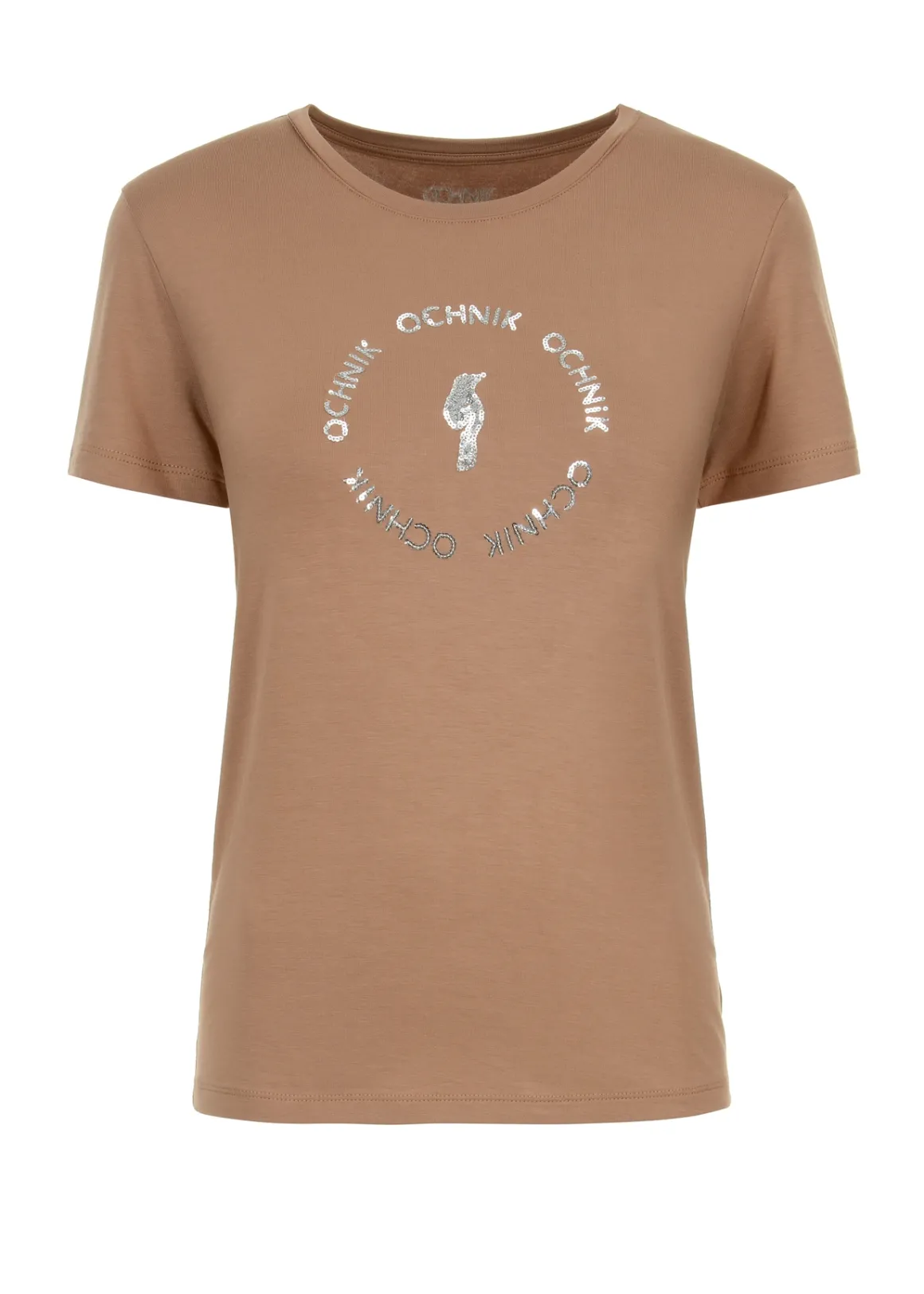 Kamelowy T-shirt damski z aplikacją