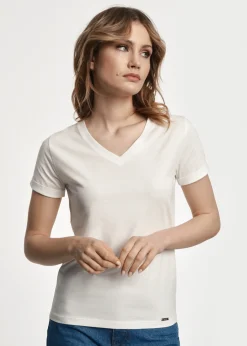 Kremowy T-shirt damski w serek