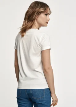 Kremowy T-shirt damski w serek