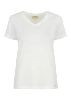 Kremowy T-shirt damski w serek