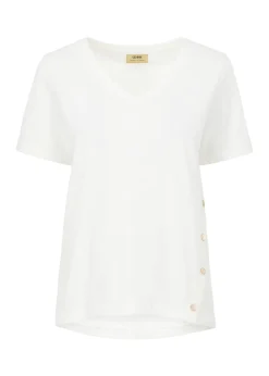 Kremowy T-shirt damski z rozcięciem