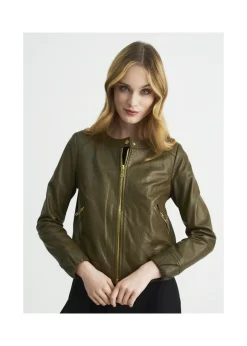 Kurtka skórzana damska w kolorze khaki