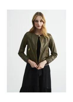 Kurtka skórzana damska w kolorze khaki