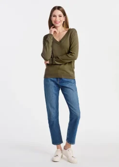 Sweter damski z dekoltem V-neck w kolorze khaki