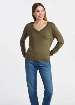 Sweter damski z dekoltem V-neck w kolorze khaki