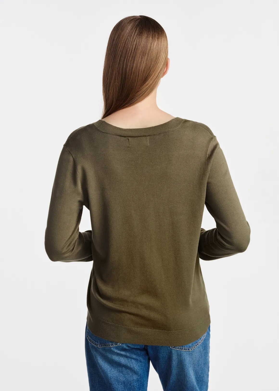 Sweter damski z dekoltem V-neck w kolorze khaki