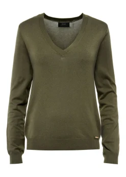 Sweter damski z dekoltem V-neck w kolorze khaki