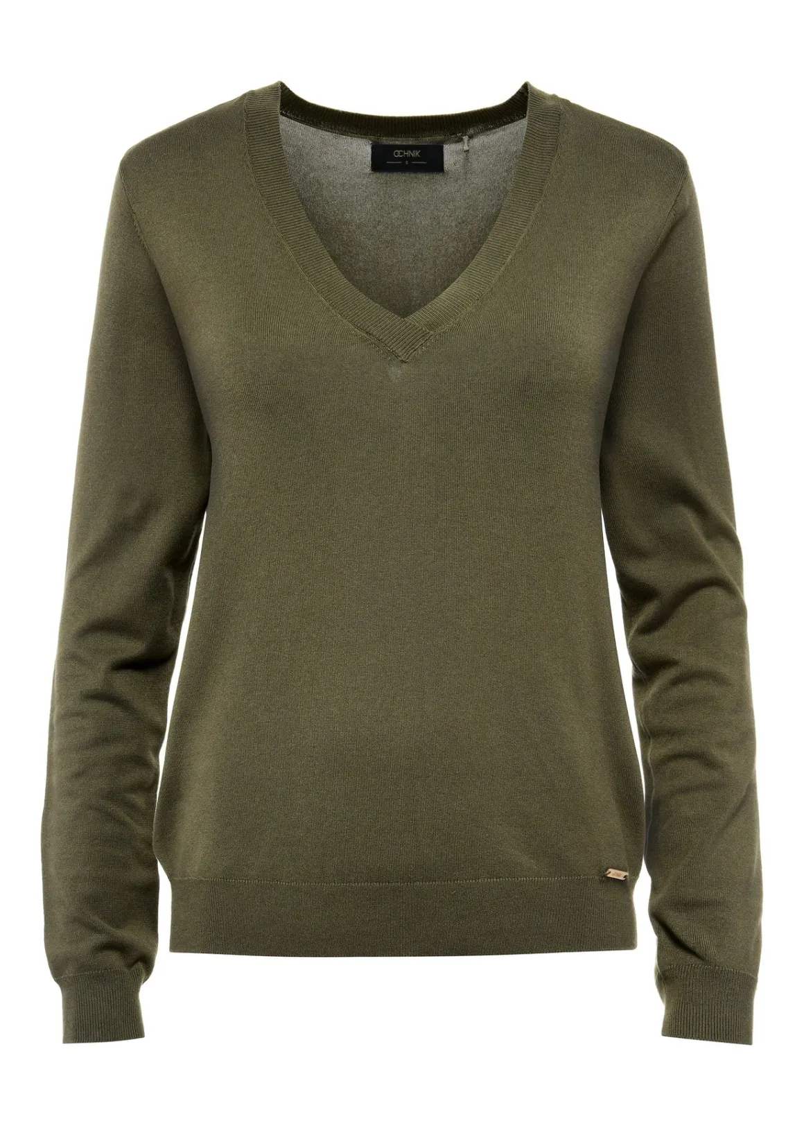 Sweter damski z dekoltem V-neck w kolorze khaki