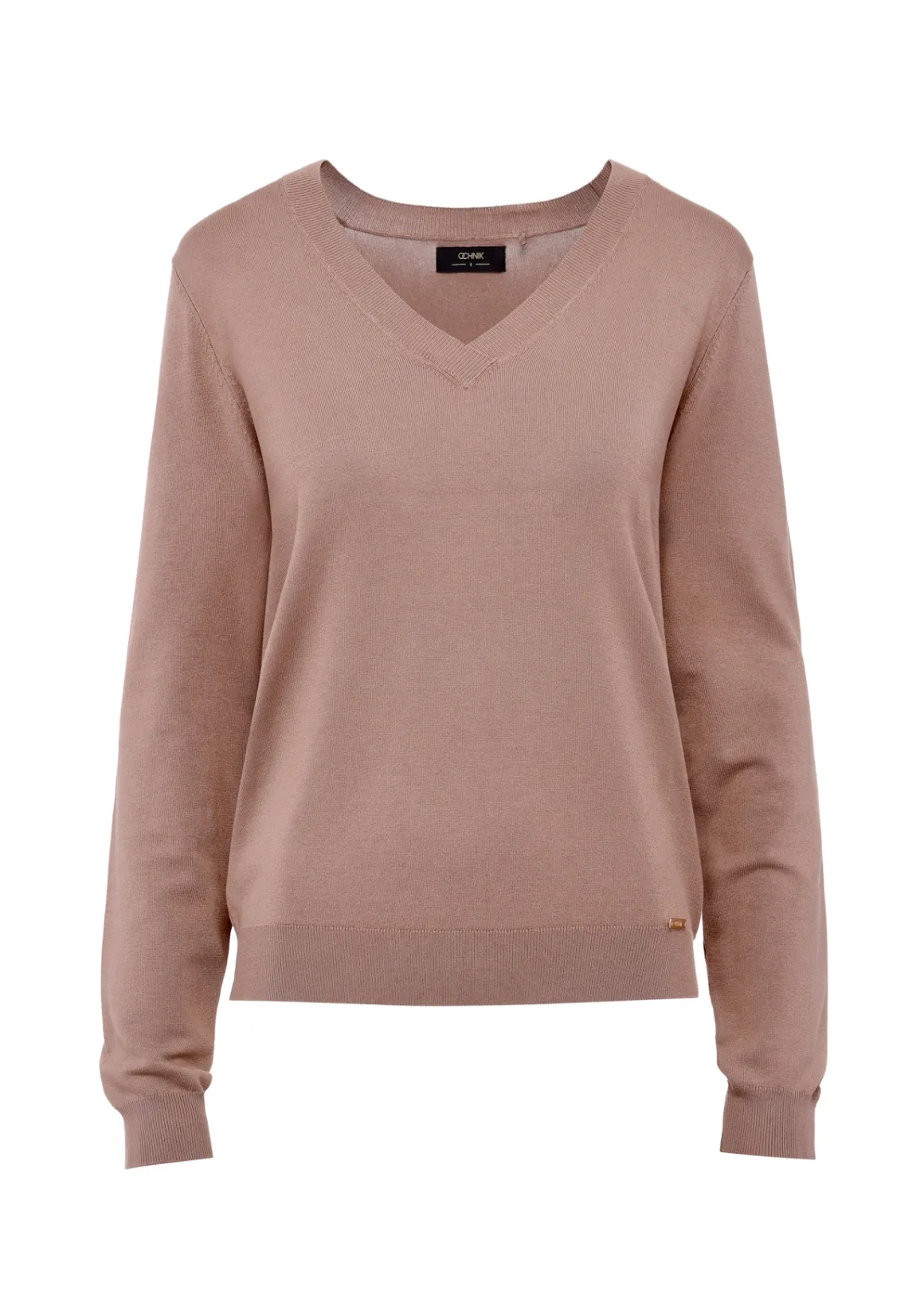 Sweter damski z dekoltem V-neck w kolorze camelu