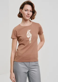 T-shirt damski w kolorze camel z wilgą