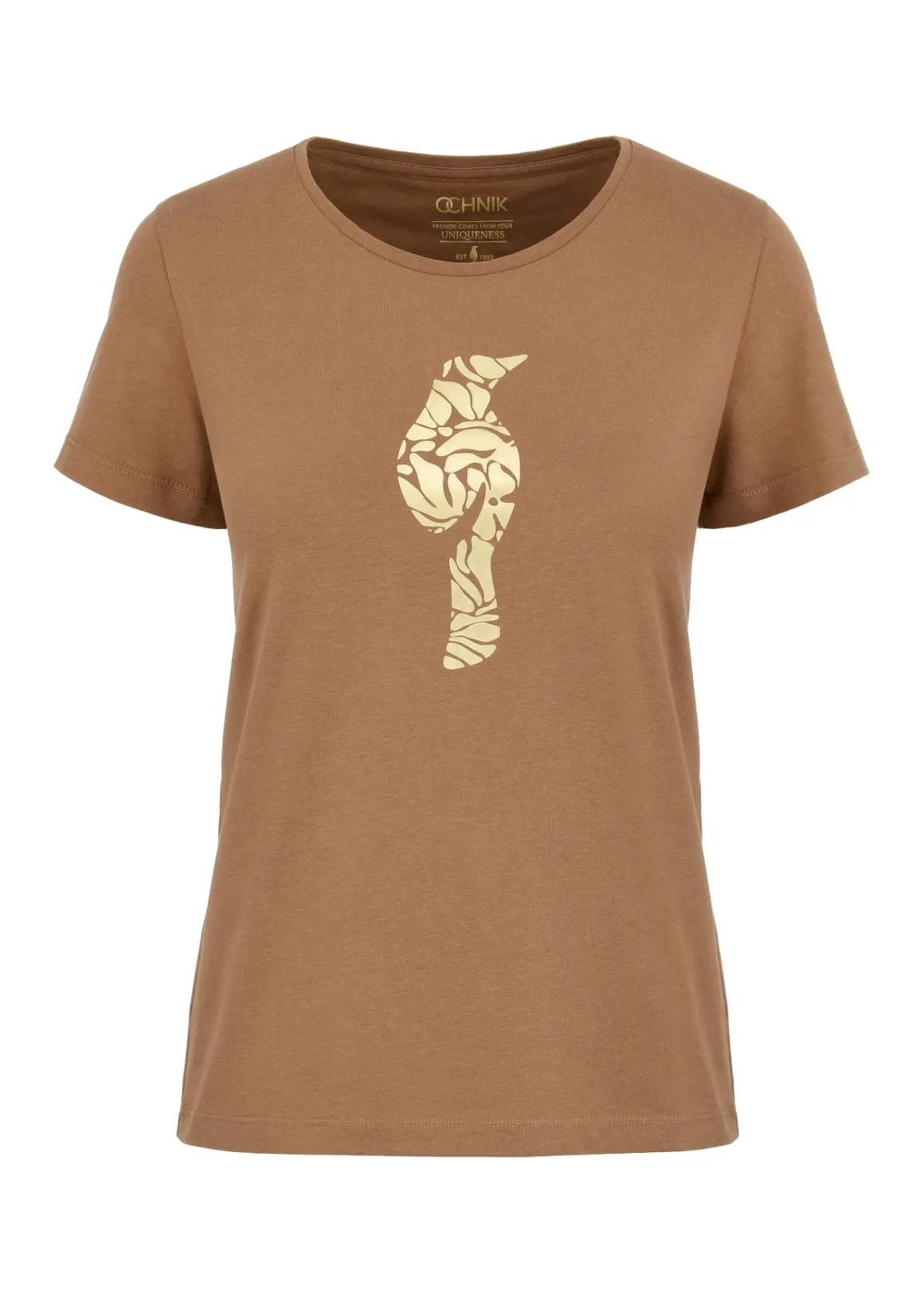 T-shirt damski w kolorze camel z wilgą